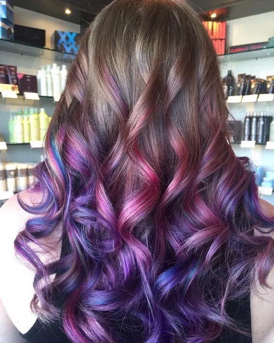  oil slick with purple balayage hairstyle 