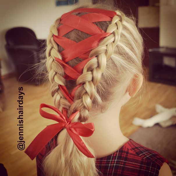 Double French Braid with Ribbon knot hairstyle