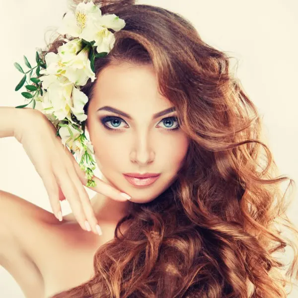 Long Curly Hairstyle with Flowers-min