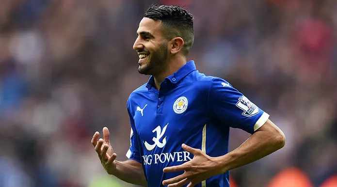 LEICESTER, ENGLAND - MAY 09: Riyad Mahrez of Leicester City celebrates scoring the second goal during the Barclays Premier League match between Leicester City and Southampton at The King Power Stadium on May 9, 2015 in Leicester, England. (Photo by Michael Regan/Getty Images)
