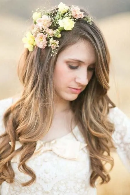 long wedding hairstyle with Real flower