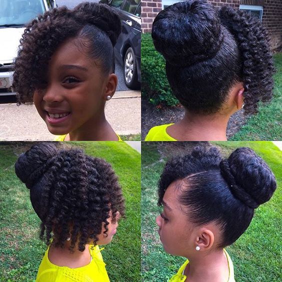 cute little girl Bangs and a Bun hairstyle 