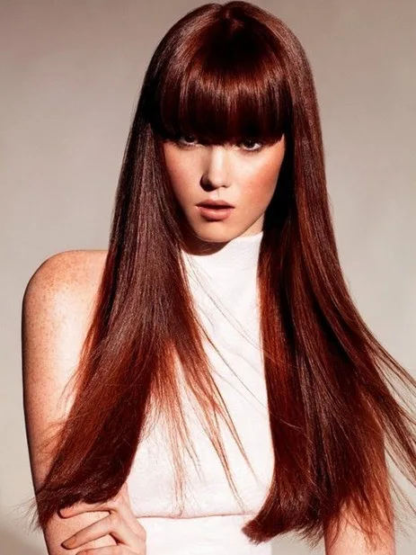 dark red hair with bangs for women