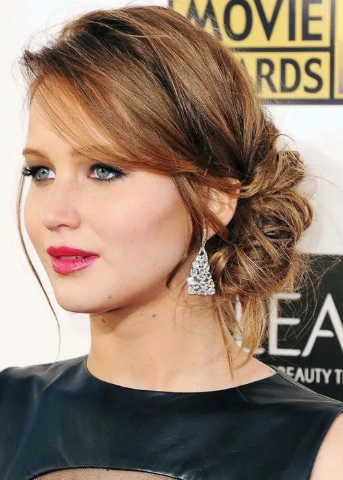 women favorite formal hair Curly bun with bangs