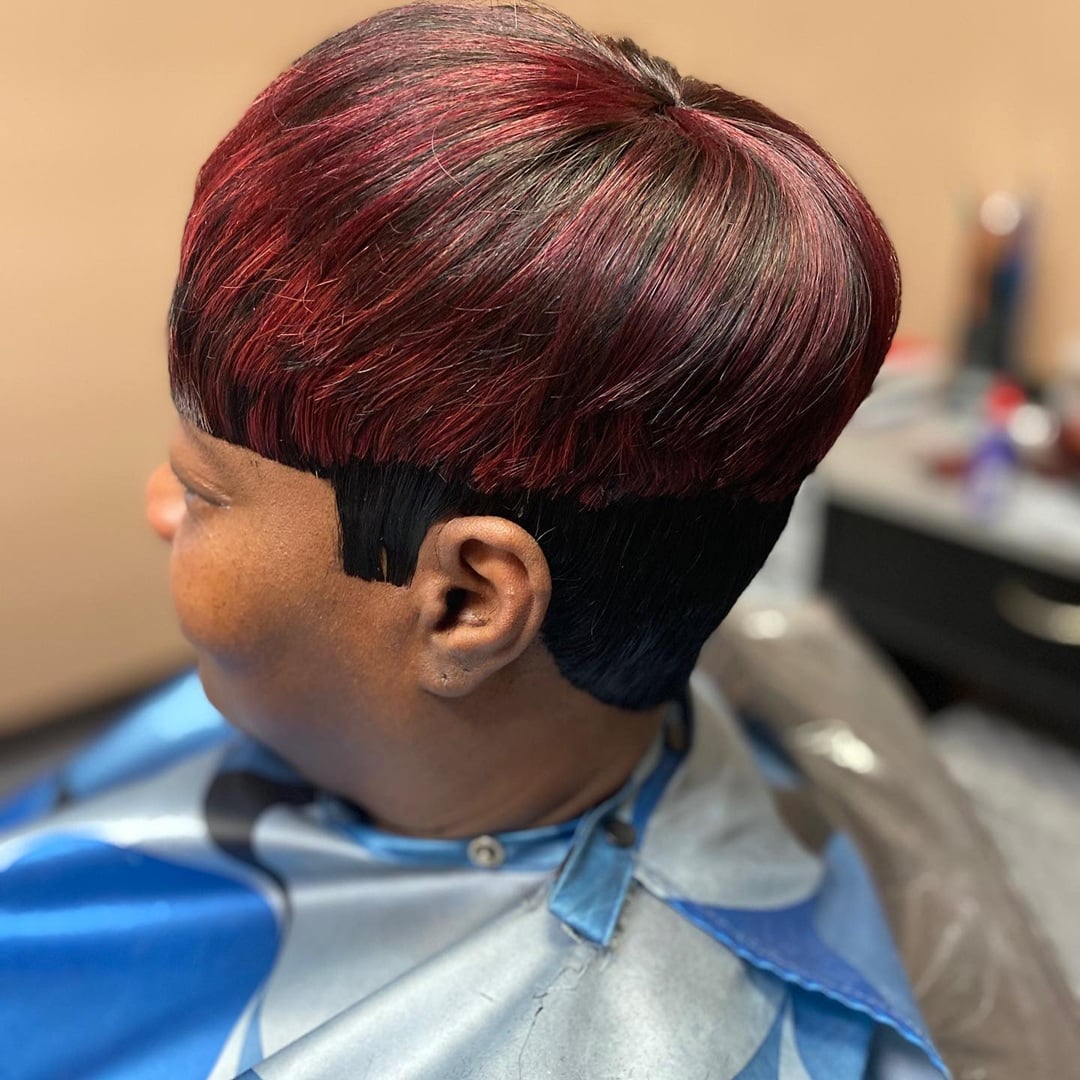 Bold red 27 piece bowl cut hairstyle