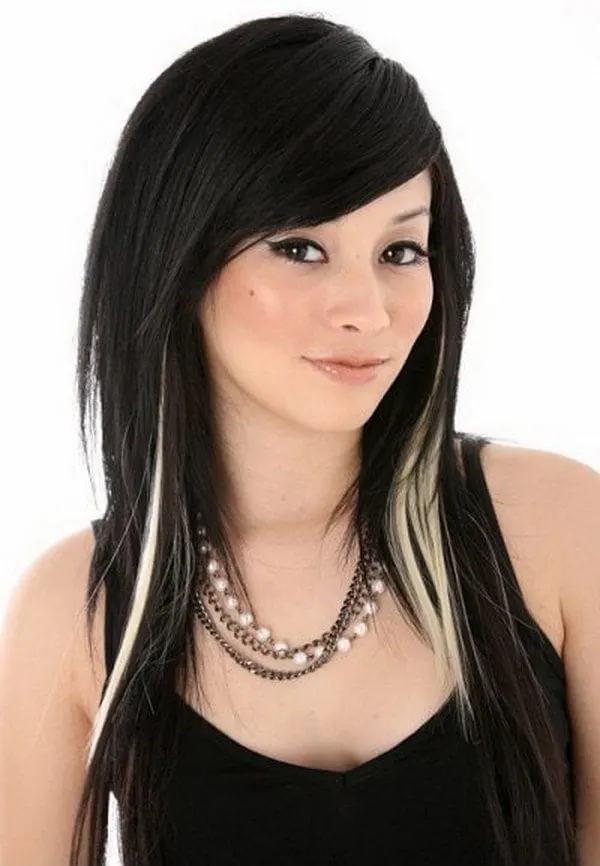 black hair with white blonde highlights