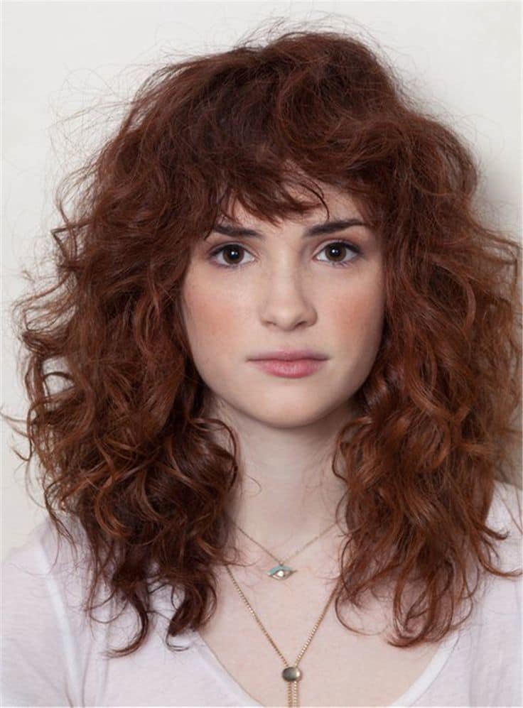 Long curly hair with bangs