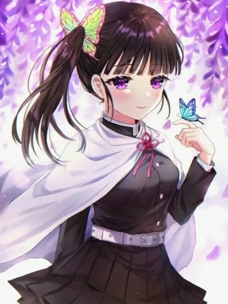 Anime character Kanao Tsuyuri sporting a dark side ponytail with blunt bangs