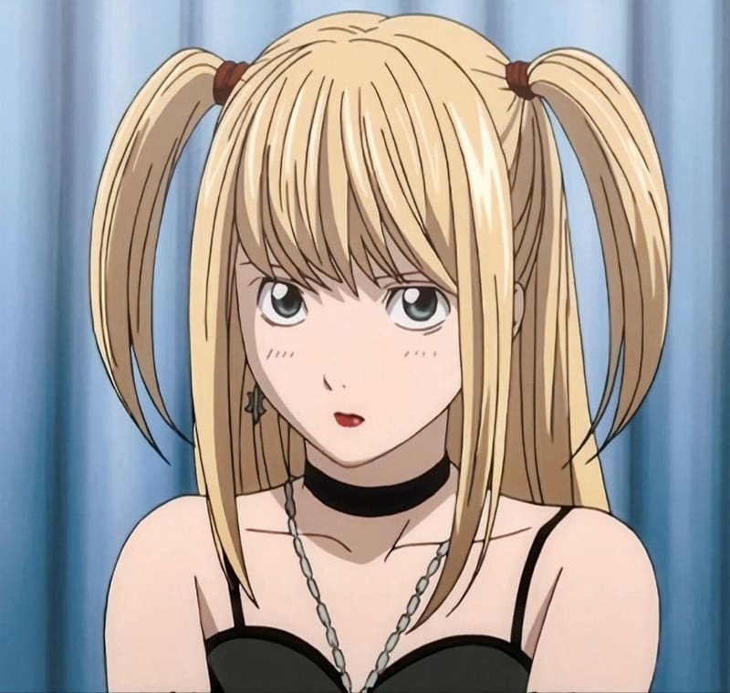 Misa Amane featuring straight blonde hair styled in high half-up, half-down pigtails with full front bangs