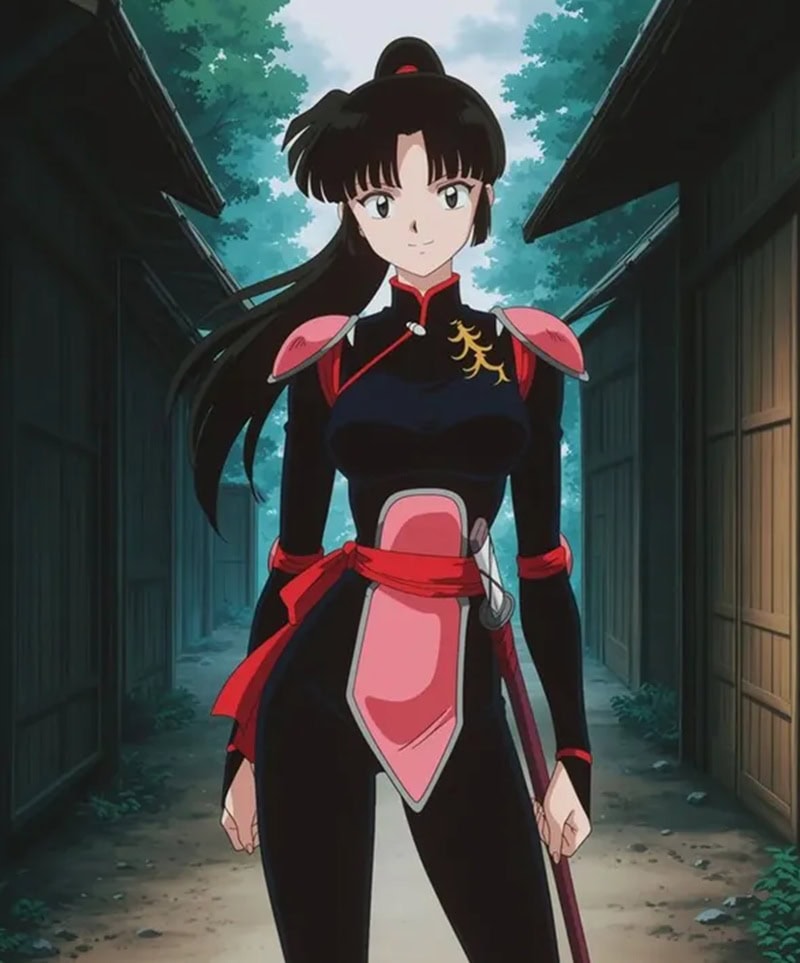 Anime character Sango showcasing a long, dark brown high ponytail with thick bangs