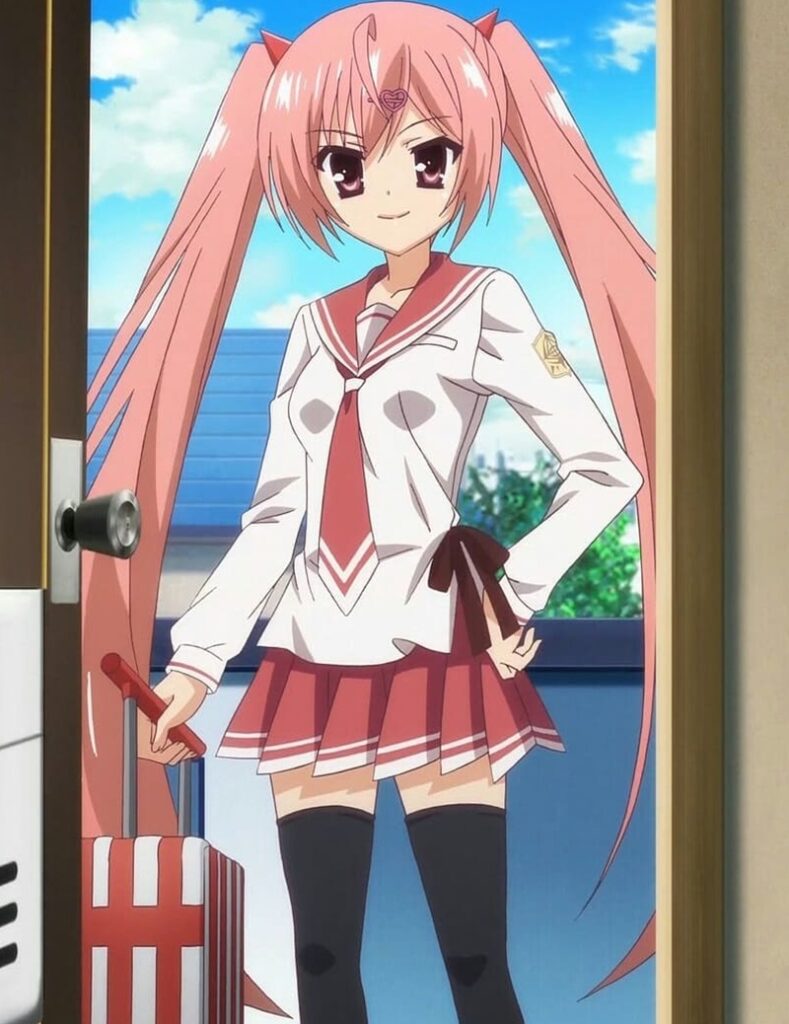 Aria Holmes Kanzaki with very long, straight pink hair worn in high twin-tails