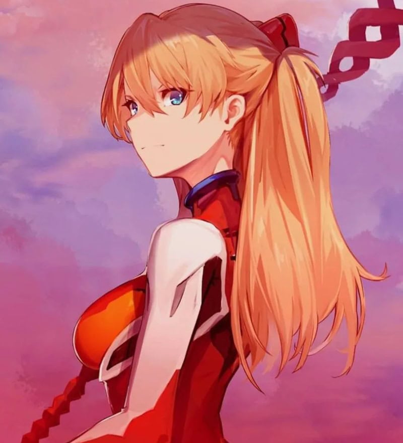 Asuka Langley Soryu with long red hair parted into twin-tails