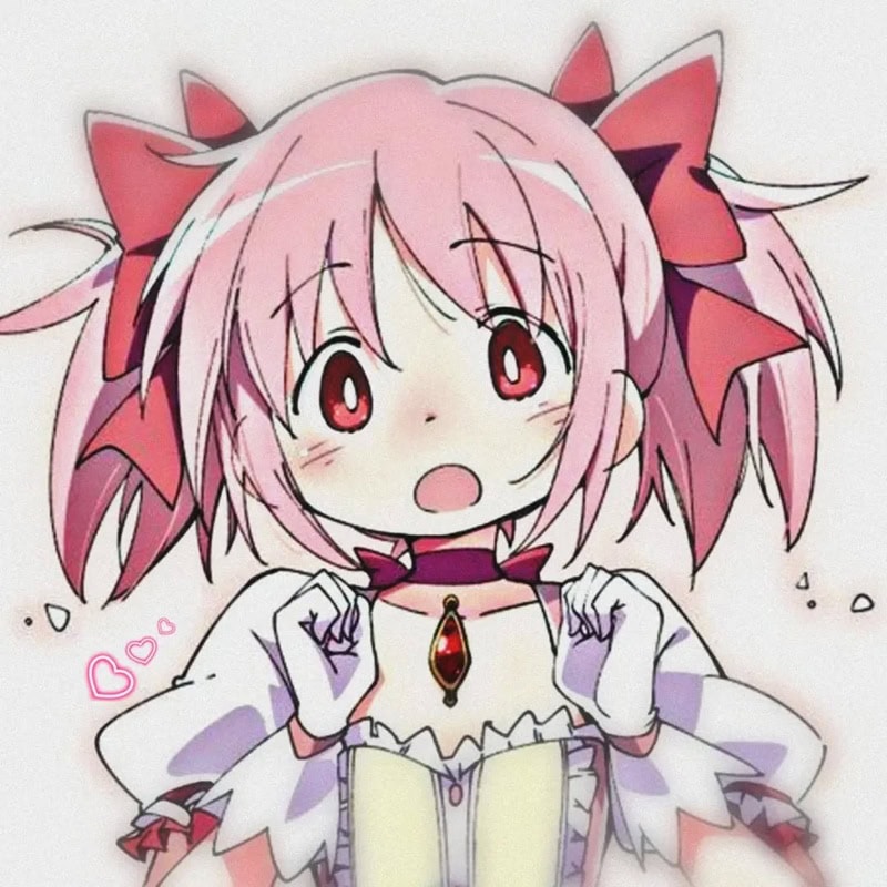 Madoka Kaname with short, fluffy pastel pink hair tied into cute pigtails