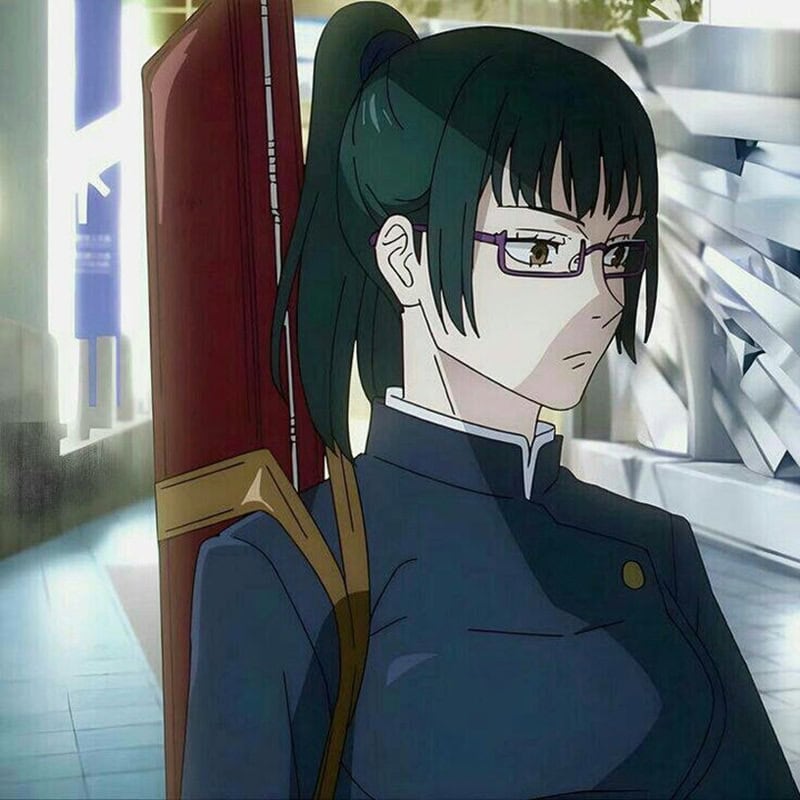 Anime girl Maki Zenin with dark green high ponytail, featuring straight bangs and long face framing layers