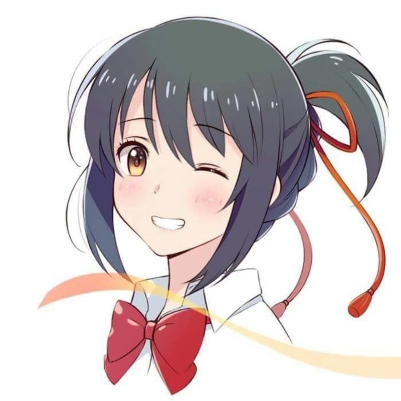 Anime girl Mitsuha Miyamizu wearing dark braided ponytail with wispy bangs