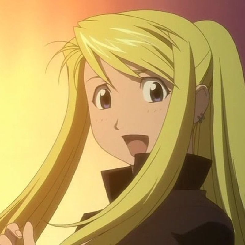 Anime girl Winry Rockbell with high blonde ponytail with long, face-framing front strands and choppy bangs