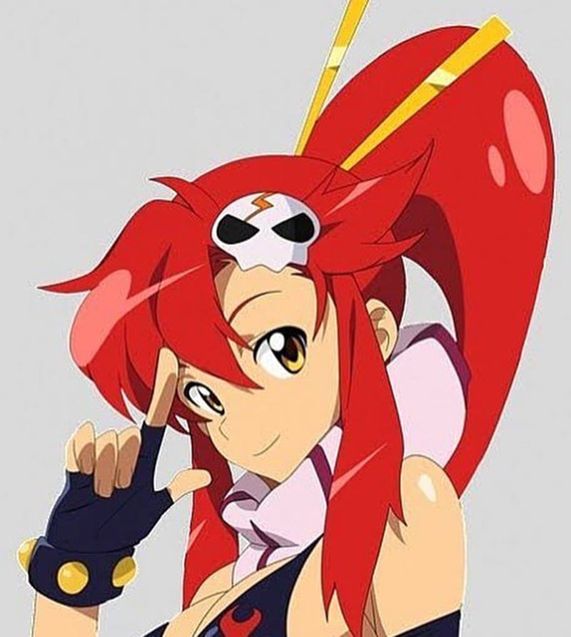 Anime girl Yoko Littner with a striking, high-volume red ponytail and spiky bangs, styled with a prominent skull hair accessory