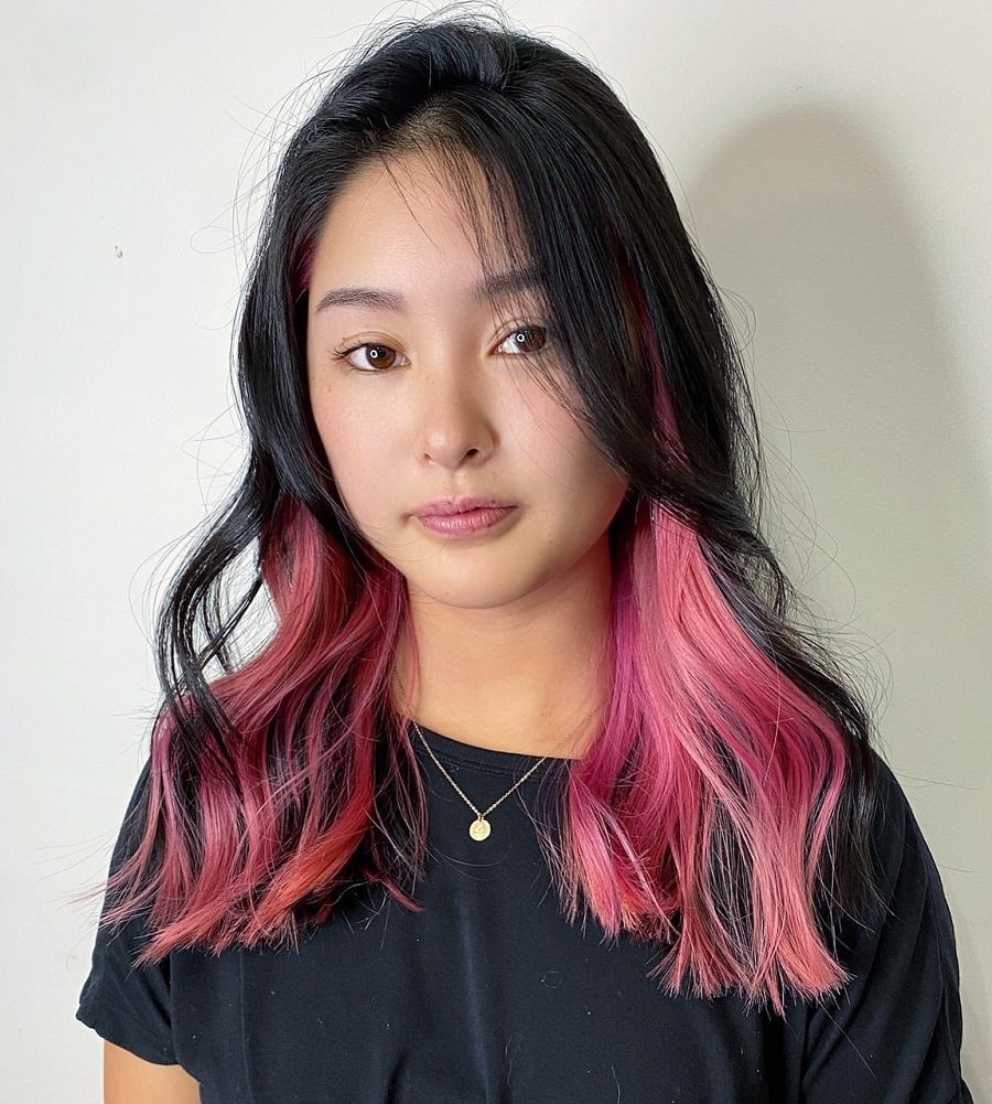 Asian black hair with pink underneath