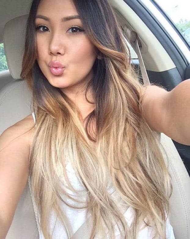 golden highlights on Asian hair
