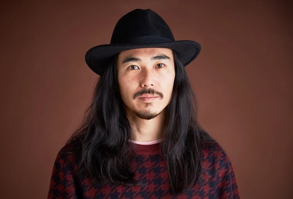 Asian long hair with beard and hat