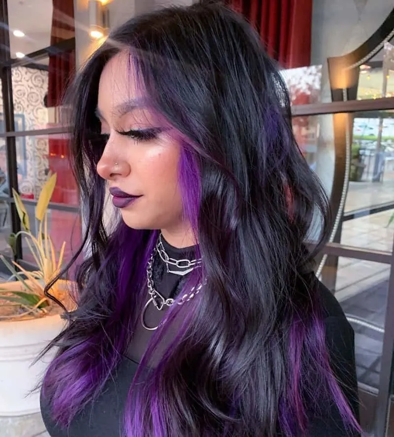 Black Hair with Front Purple Streaks