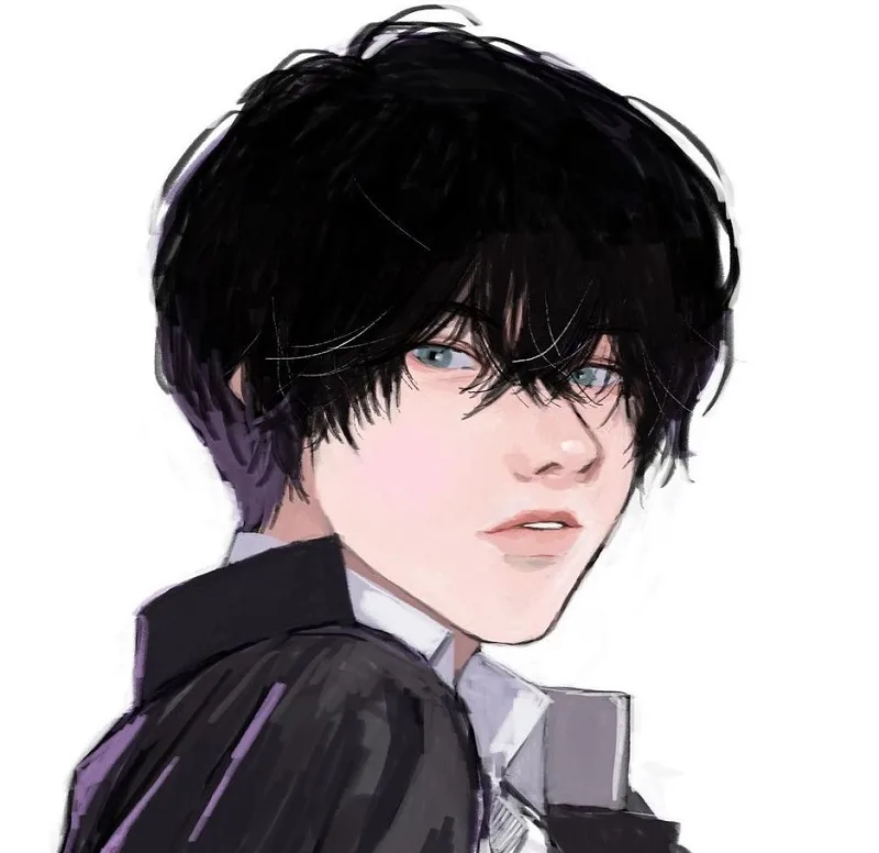 Anime boy character with black long fluffy wavy hair, wearing a