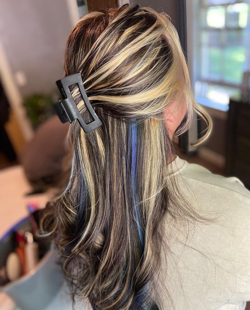 Blonde and blue highlights on brown hair
