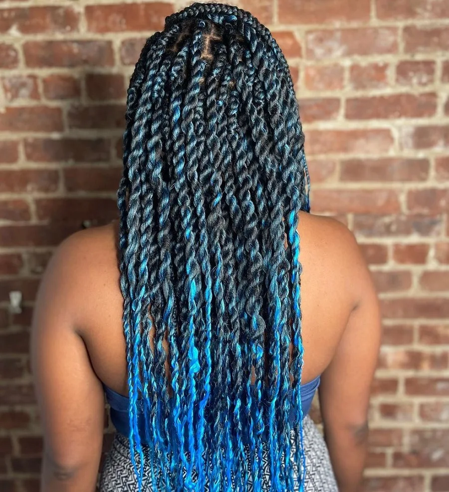 Blue Tipped Senegalese Twists on Black Hair