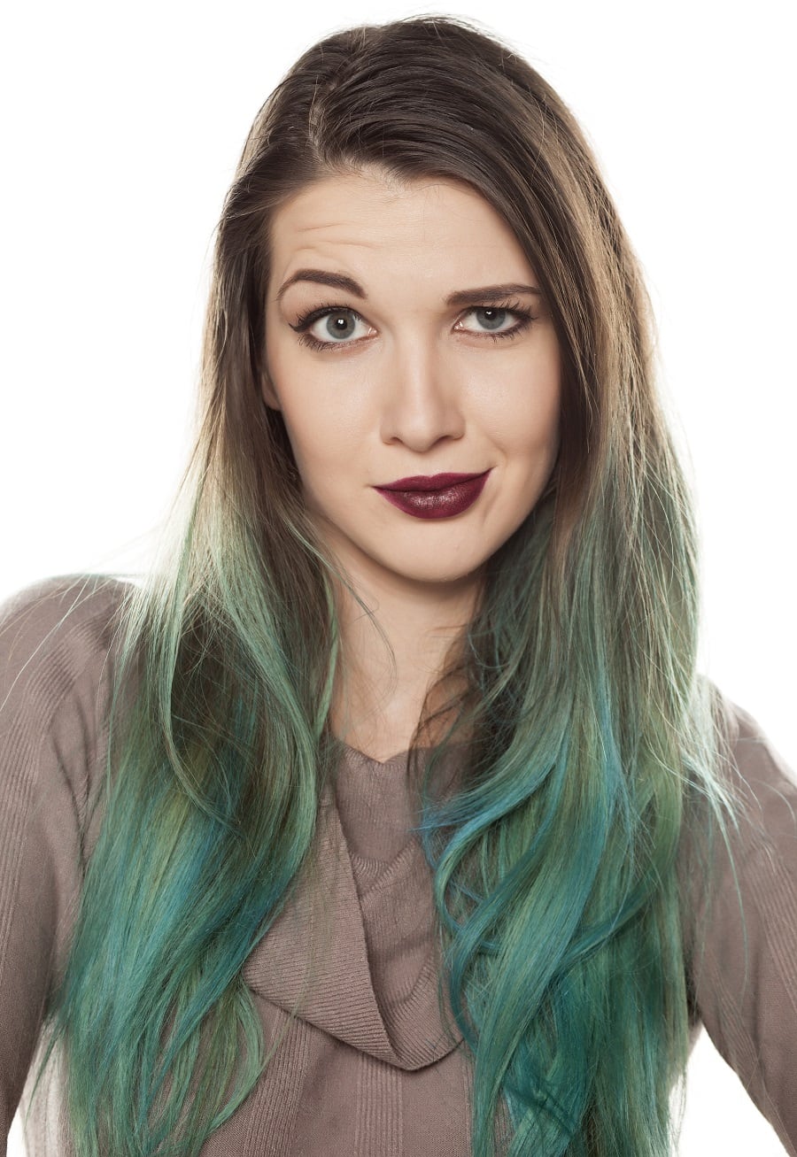 Blue balayage on brown hair