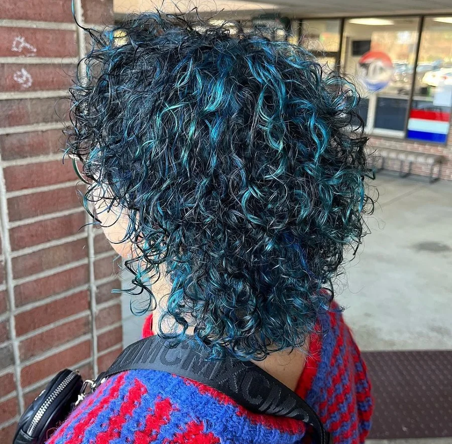 Blue highlights on dark brown curly hair