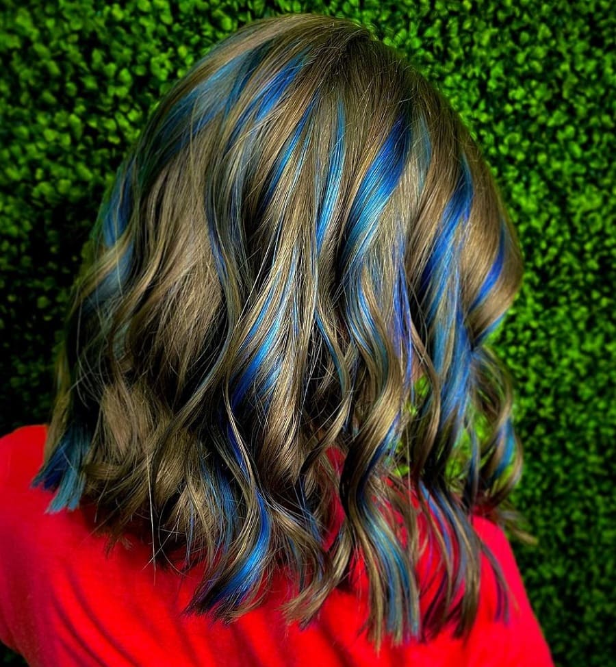 Blue highlights with brown highlights on brown hair