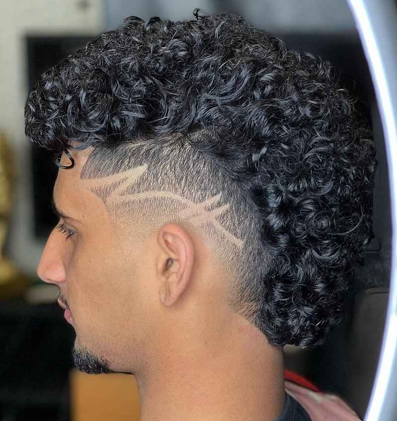 Burst Fade with Lines for Men's Curly Hair