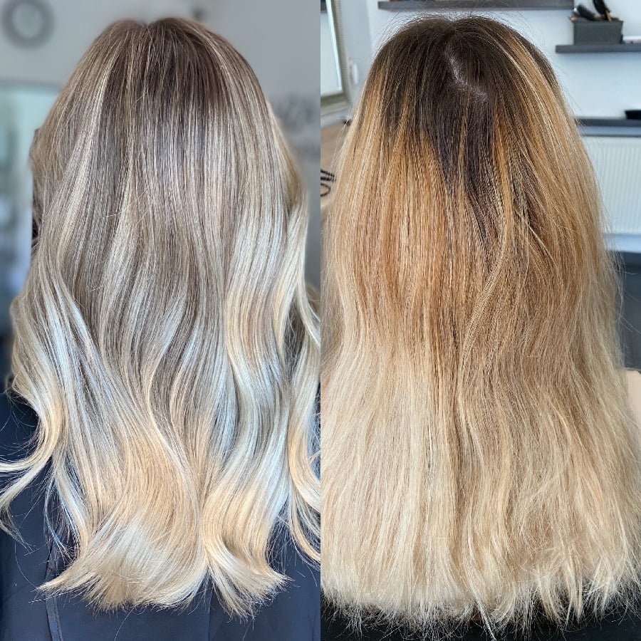 What causes silver hair to turn blonde after washing?