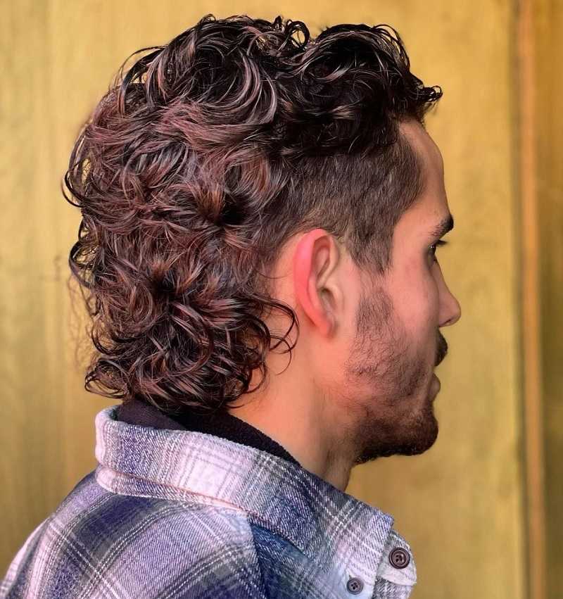 Cinnamon Brown Curly Mullet with Lowlights for Men
