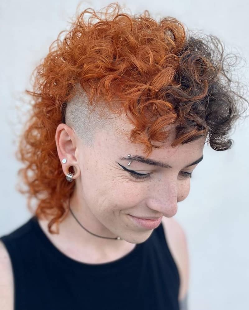 Copper Split Curly Mullet with Shaved Side for Women