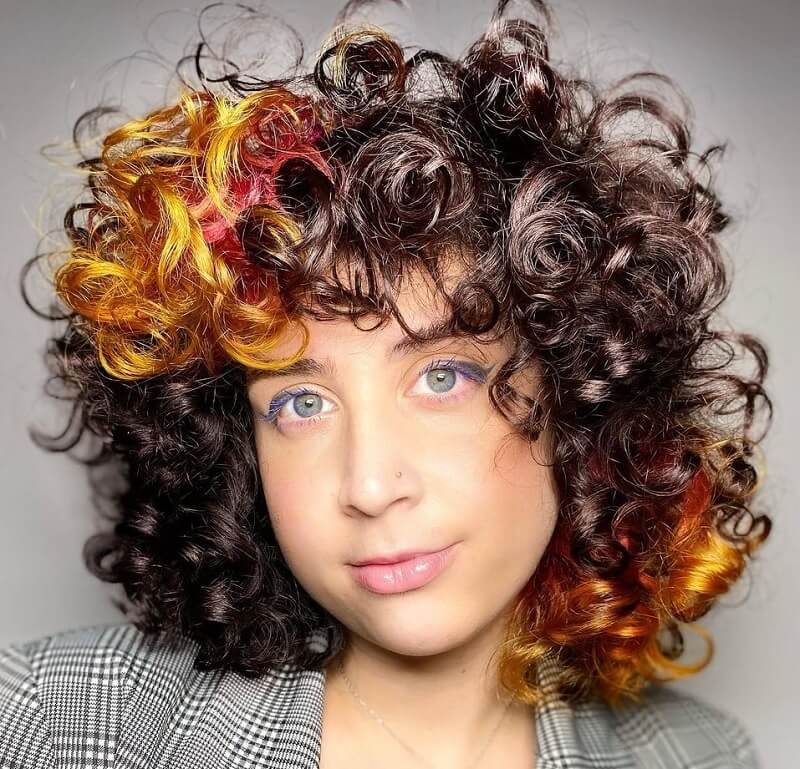 Curly Dark Brown Hair with Orange Highlights