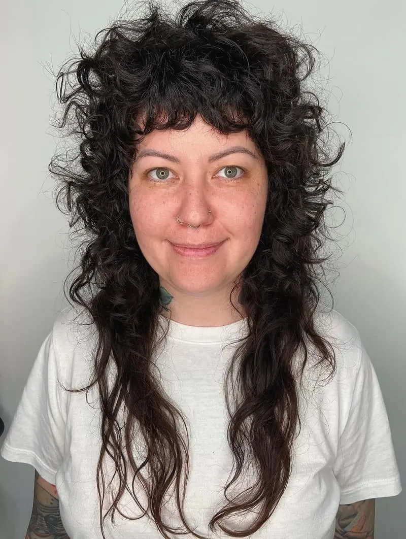 Curly Shag Mullet with Bangs for Women