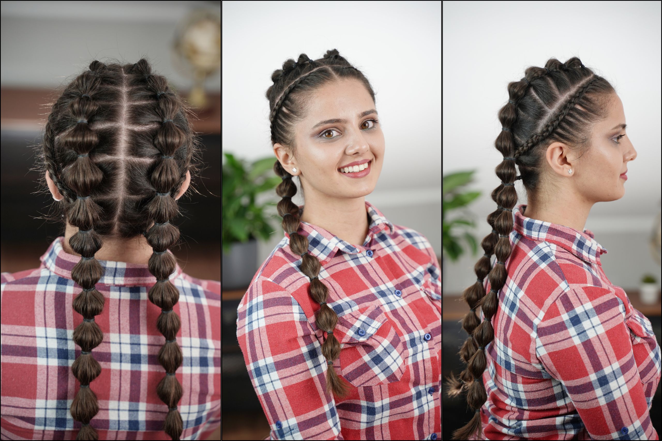 Three-view collage of bubble braid pigtails with lace braids, showing the front, side, and back of the finished hairstyle.