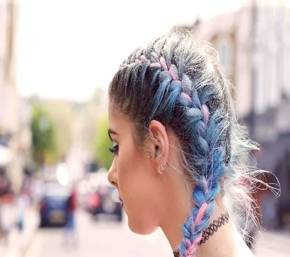 Pink and Blue Double French Braids hairstyle