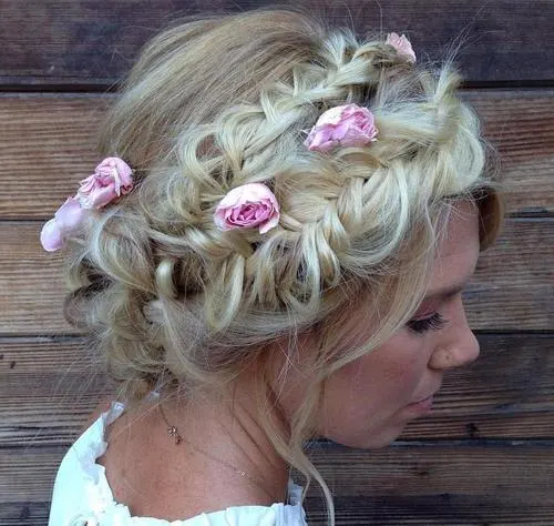 Dutch Braid Crown with Messy Floral hairstyle