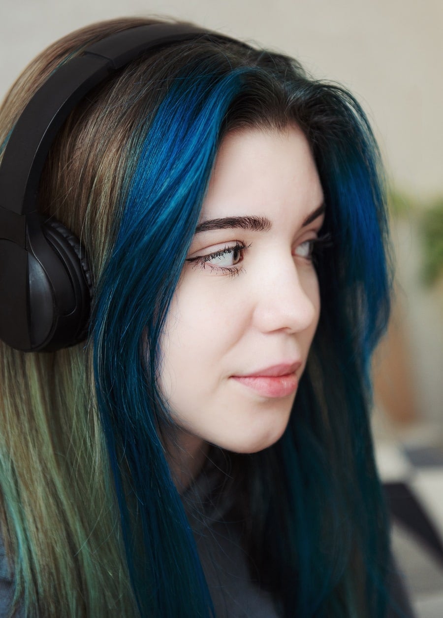 Electric blue money piece highlights on brown hair