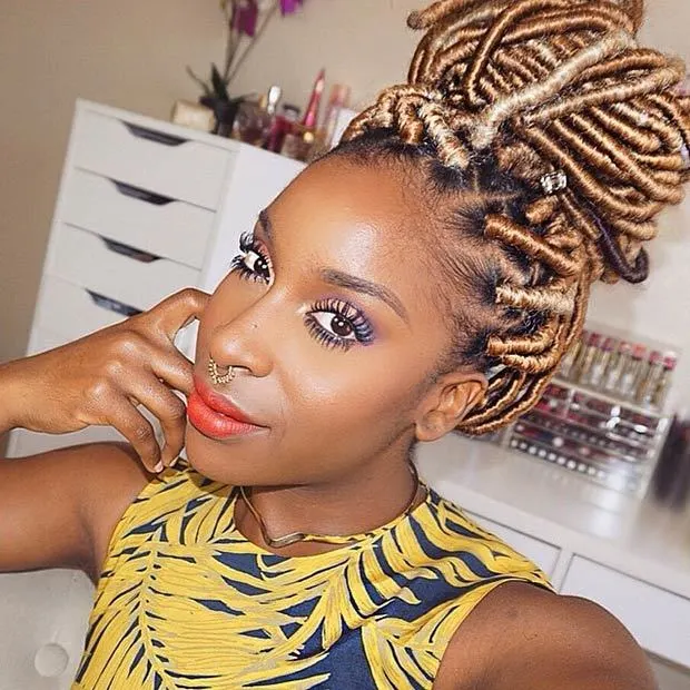 golden Faux Locs Updos hairstyle