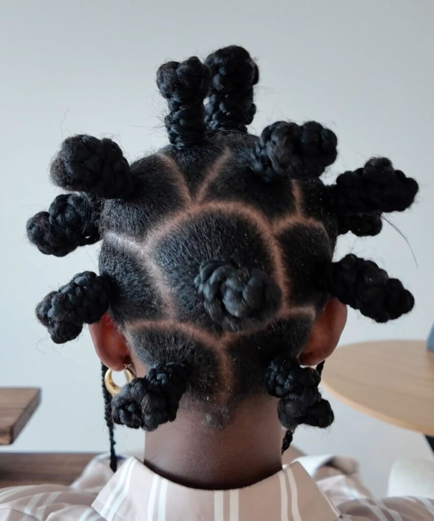 Back view of the finished Bantu knot hairstyle with curved partings and wrapped Bantu knots.