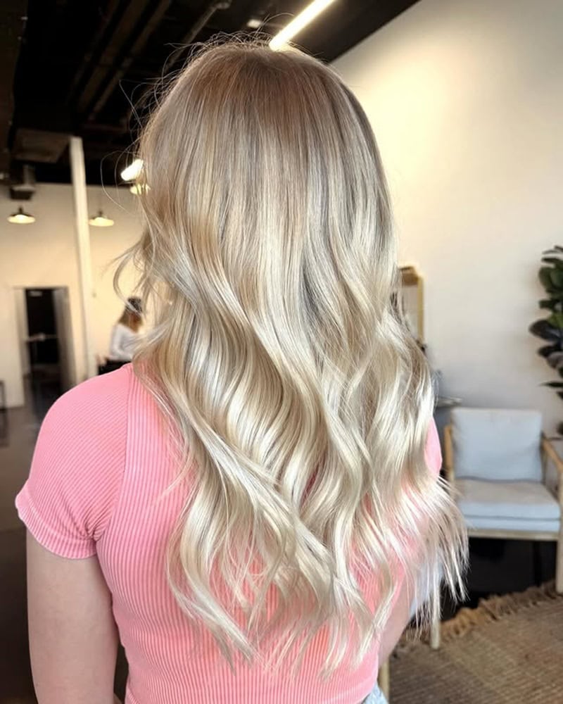 pale vanilla blonde balayage hair styled in loose waves