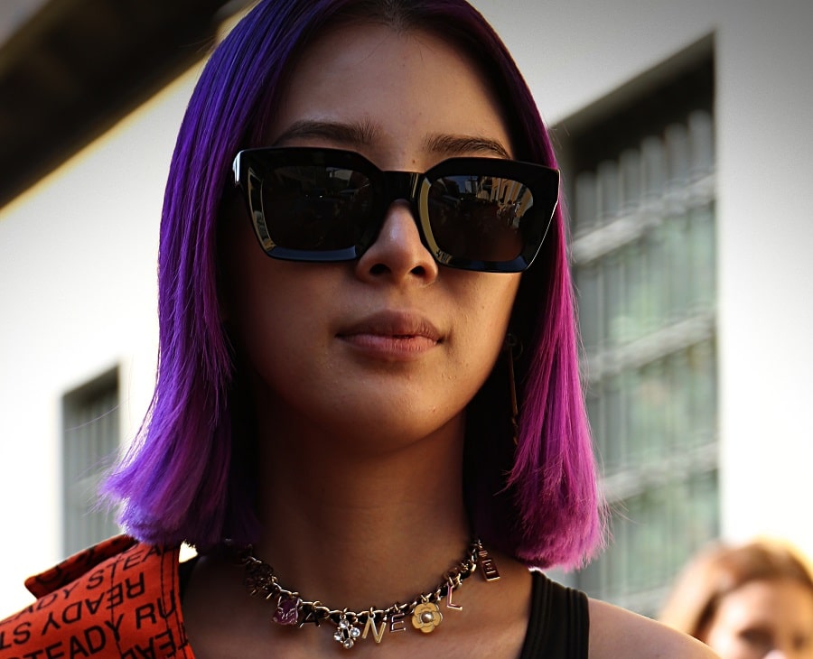 Irene Kim with purple hair