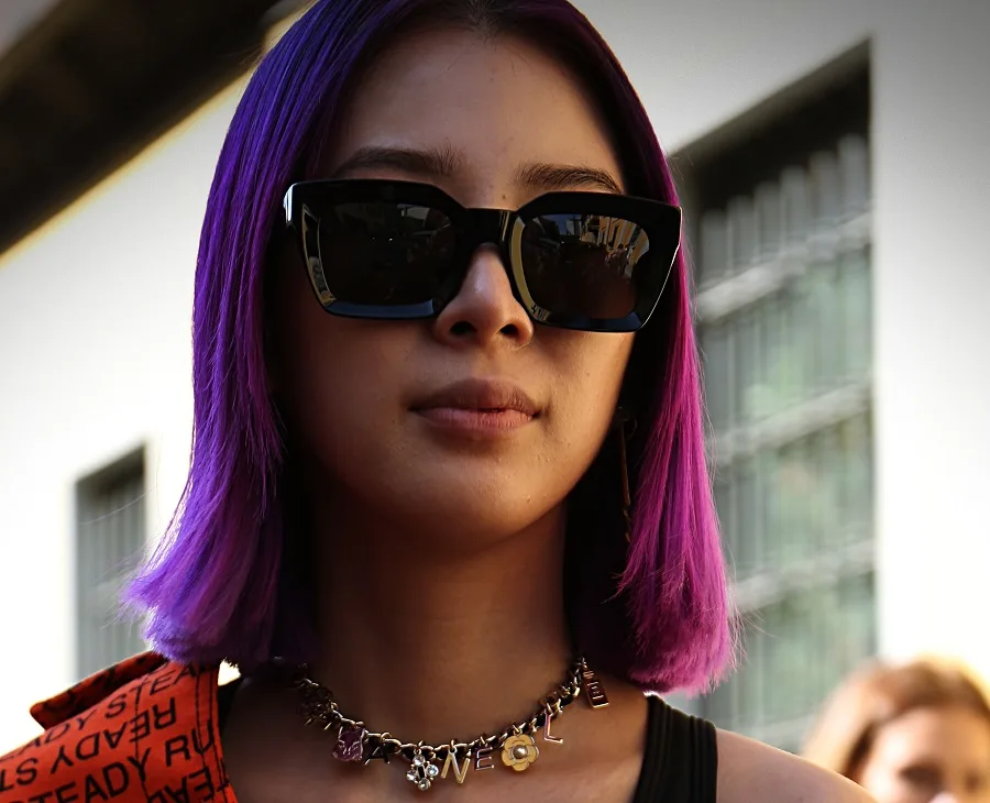 Irene Kim with purple hair