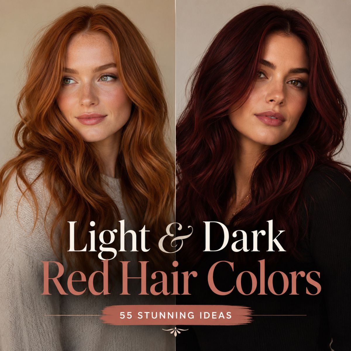Light and dark red hair color ideas shown on two women with copper red and deep burgundy hair