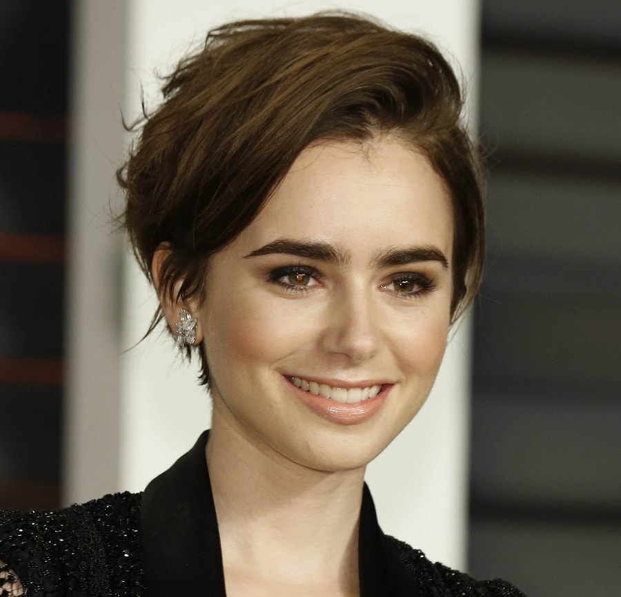 Lily Collins side swept pixie cut