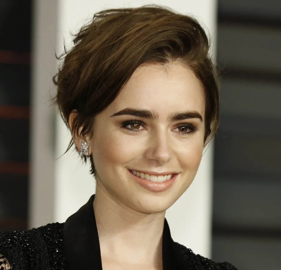 Lily Collins side swept pixie cut