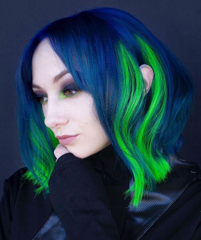 Midnight Blue Hair with Neon Green Peekaboo